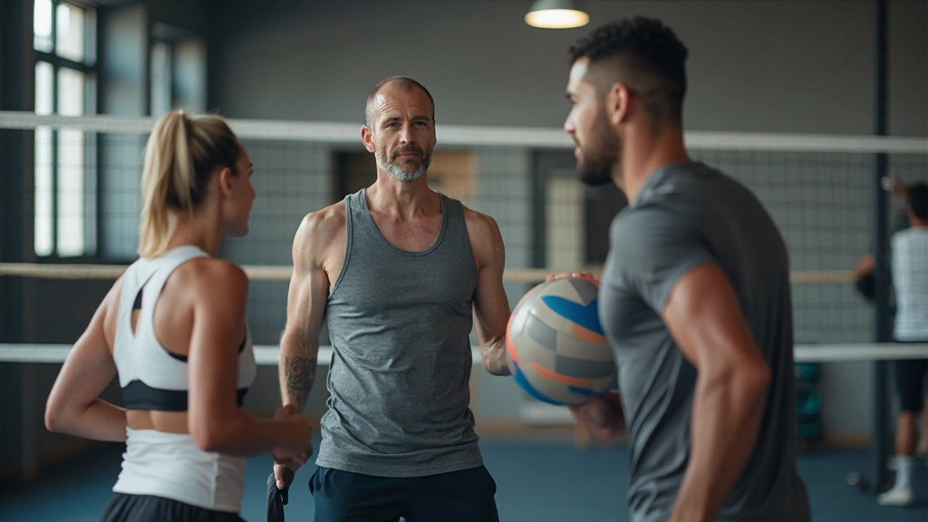 A fitness coach helping a volleyball player improve their physical fitness