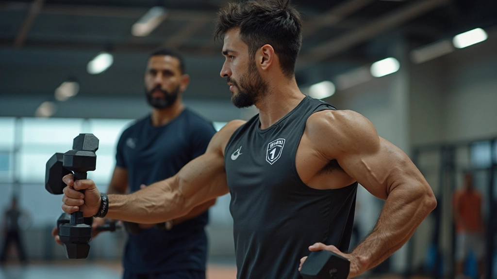 A fitness coach helps a volleyball player develop muscular strength in a modern training gym