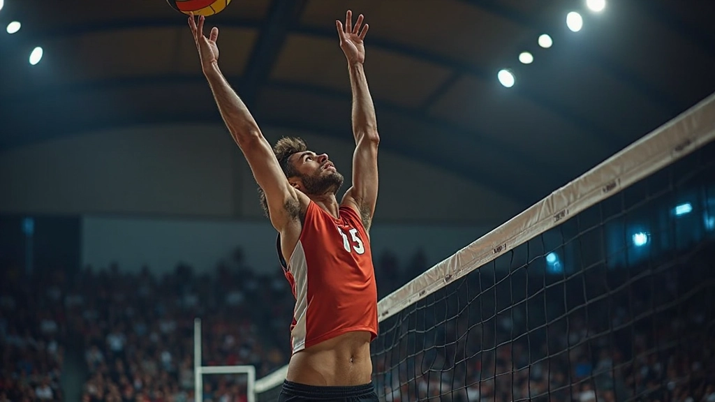 Volleyball player jumping to execute a powerful attacking spike over the net