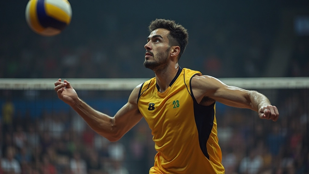Volleyball player performing a powerful serve from the back line